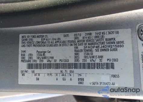 2013 Ford Fiesta Se z USA, uszkodzony, nr VIN 3FADP4EJ4DM215850